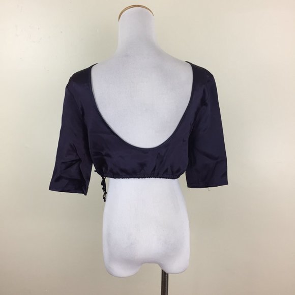 ODE TO JEUNE Dark Purple Sateen/Satin Drawstring Hem Cropped Shirt Top - Picture 9 of 9